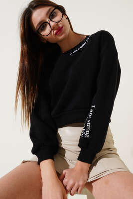 Üç İplik Yazı Detaylı Sweatshirt Siyah - Kadın Giyim Modelleri