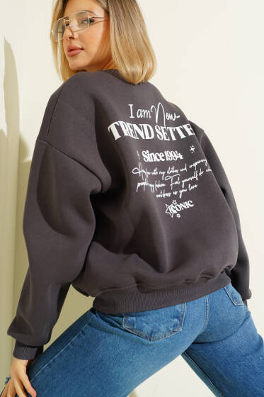 Üç İplik Yıldız Parçalı Sweatshirt Füme - Kadın Giyim Modelleri