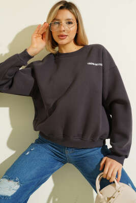 Üç İplik Yıldız Parçalı Sweatshirt Füme - Kadın Giyim Modelleri