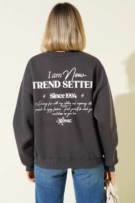 Üç İplik Yıldız Parçalı Sweatshirt Füme - Kadın Giyim Modelleri