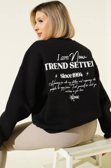 Üç İplik Yıldız Parçalı Sweatshirt Siyah - Kadın Giyim Modelleri