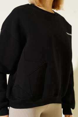 Üç İplik Yıldız Parçalı Sweatshirt Siyah - Kadın Giyim Modelleri