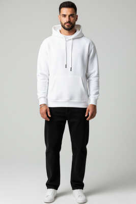 Üç İplikli Kapüşonlu Erkek Sweatshirt Beyaz - Erkek Sweatshirt