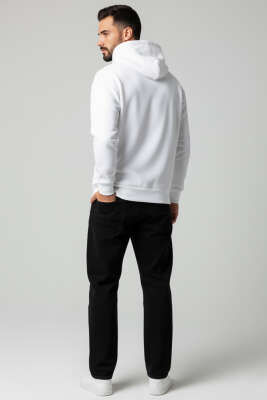 Üç İplikli Kapüşonlu Erkek Sweatshirt Beyaz - Erkek Sweatshirt