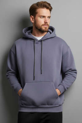 Üç İplikli Kapüşonlu Erkek Sweatshirt Füme 