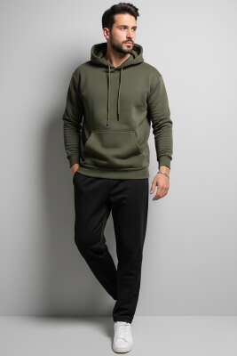 Üç İplikli Kapüşonlu Erkek Sweatshirt Haki - Erkek Sweatshirt