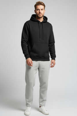 Üç İplikli Kapüşonlu Erkek Sweatshirt Siyah - Erkek Sweatshirt