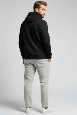 Üç İplikli Kapüşonlu Erkek Sweatshirt Siyah - Erkek Sweatshirt