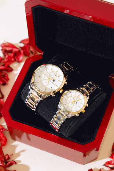 Üç Kadran Dakika Rakamlı Sevgili Çift Kol Saati Silver Gold - Saat