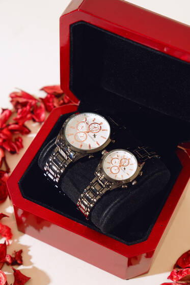 Üç Kadranlı Metal Sevgili Çift Kol Saati Siyah - Saat