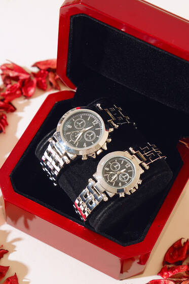 Üç Kadranlı Rakamlı Sevgili Çift Kol Saati Silver - Saat