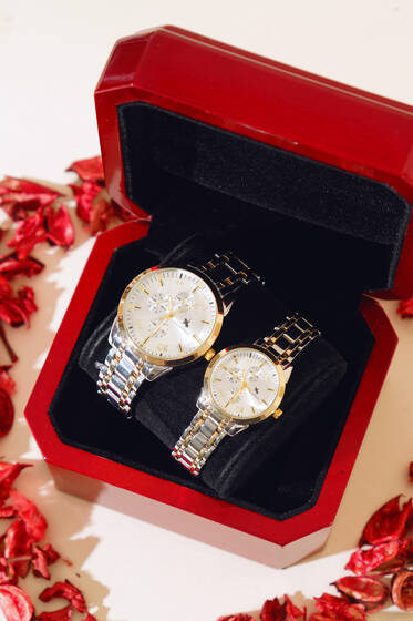 Üç Kadranlı Sevgili Çift Kol Saati Silver Gold - Saat