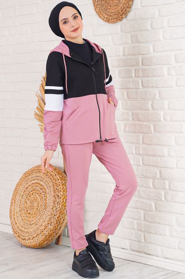 Üç Renk Kapüşonlu Siyah Gül Kurusu Eşofman Takımı - Kadın Spor Giyim