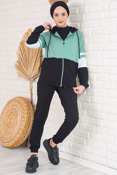 Üç Renk Kapüşonlu Siyah Mint Yeşili Eşofman Takımı - Kadın Spor Giyim