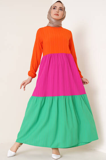 Üç Renkli Kat Kat Elbise Oranj - Tesettür Elbise
