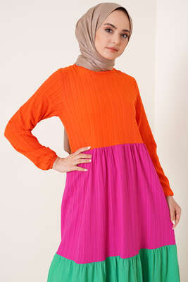 Üç Renkli Kat Kat Elbise Oranj - Thumbnail
