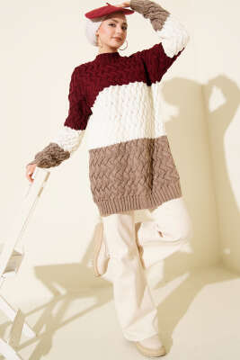 Üç Renkli Örgülü Triko Tunik Bordo - Günün Seçilenleri