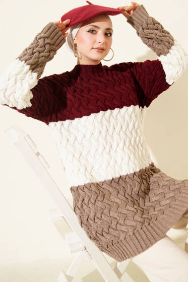 Üç Renkli Örgülü Triko Tunik Bordo - Tunik