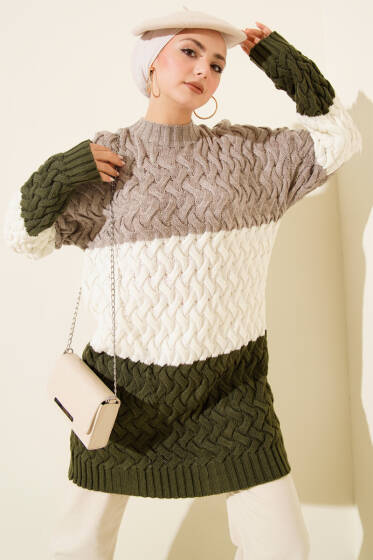 Üç Renkli Örgülü Triko Tunik Bronz - Tunik