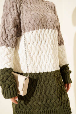 Üç Renkli Örgülü Triko Tunik Bronz - Tunik