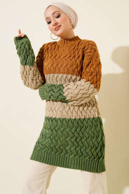 Üç Renkli Örgülü Triko Tunik Camel - Tunik