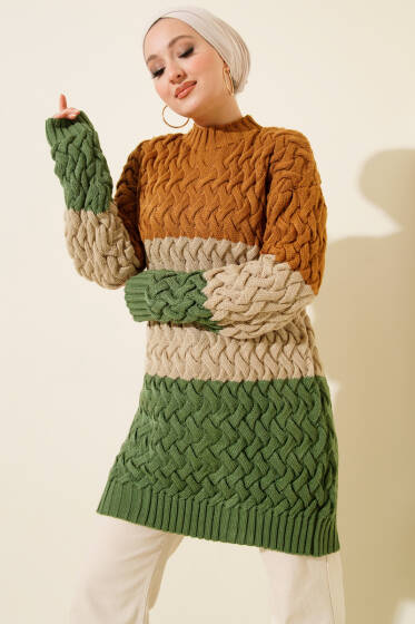 Üç Renkli Örgülü Triko Tunik Camel - Tunik