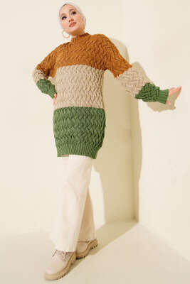 Üç Renkli Örgülü Triko Tunik Camel - Tunik