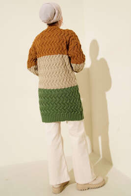 Üç Renkli Örgülü Triko Tunik Camel - Tunik