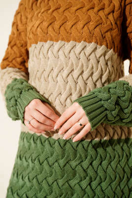 Üç Renkli Örgülü Triko Tunik Camel - Tunik