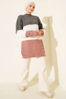 Üç Renkli Örgülü Triko Tunik Füme - Günün Seçilenleri