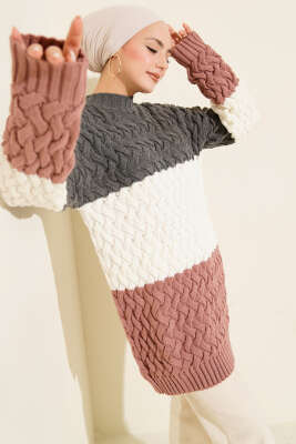 Üç Renkli Örgülü Triko Tunik Füme - RAFİMİX