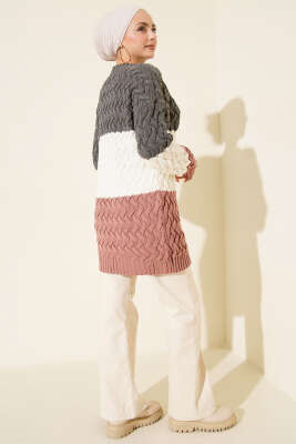 Üç Renkli Örgülü Triko Tunik Füme - Tunik