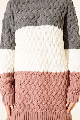 Üç Renkli Örgülü Triko Tunik Füme - Tunik