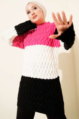 Üç Renkli Örgülü Triko Tunik Fuşya - RAFİMİX