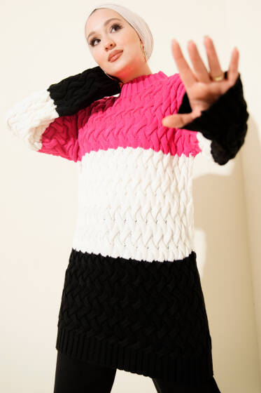 Üç Renkli Örgülü Triko Tunik Fuşya - Tunik