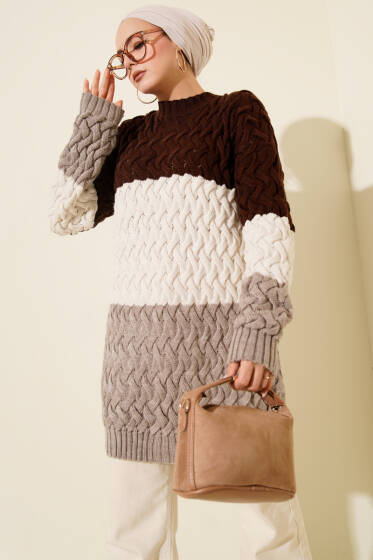 Üç Renkli Örgülü Triko Tunik Kahve - Günün Seçilenleri