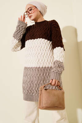 Üç Renkli Örgülü Triko Tunik Kahve - RAFİMİX