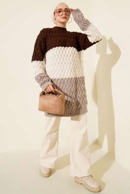 Üç Renkli Örgülü Triko Tunik Kahve - Tunik