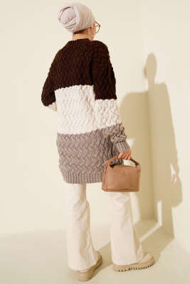 Üç Renkli Örgülü Triko Tunik Kahve - Tunik