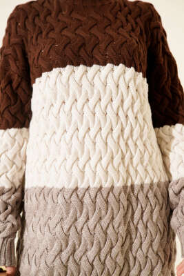 Üç Renkli Örgülü Triko Tunik Kahve - Tunik