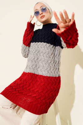 Üç Renkli Örgülü Triko Tunik Lacivert 