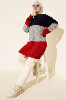 Üç Renkli Örgülü Triko Tunik Lacivert - Tunik