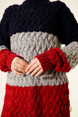 Üç Renkli Örgülü Triko Tunik Lacivert - Tunik