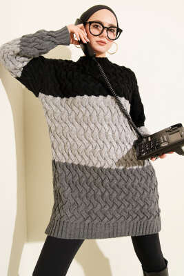 Üç Renkli Örgülü Triko Tunik Siyah - RAFİMİX