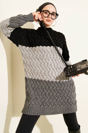 Üç Renkli Örgülü Triko Tunik Siyah - Günün Seçilenleri