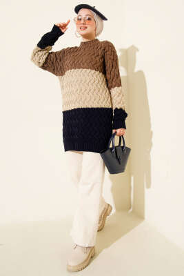 Üç Renkli Örgülü Triko Tunik Sütlü Kahve - Tunik