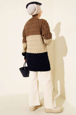 Üç Renkli Örgülü Triko Tunik Sütlü Kahve - Tunik