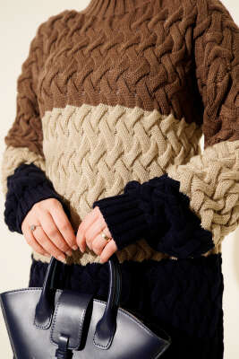 Üç Renkli Örgülü Triko Tunik Sütlü Kahve - Tunik