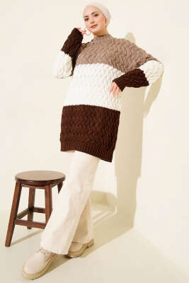 Üç Renkli Örgülü Triko Tunik Vizon - Günün Seçilenleri