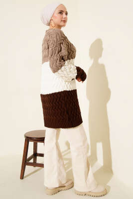 Üç Renkli Örgülü Triko Tunik Vizon - Günün Seçilenleri